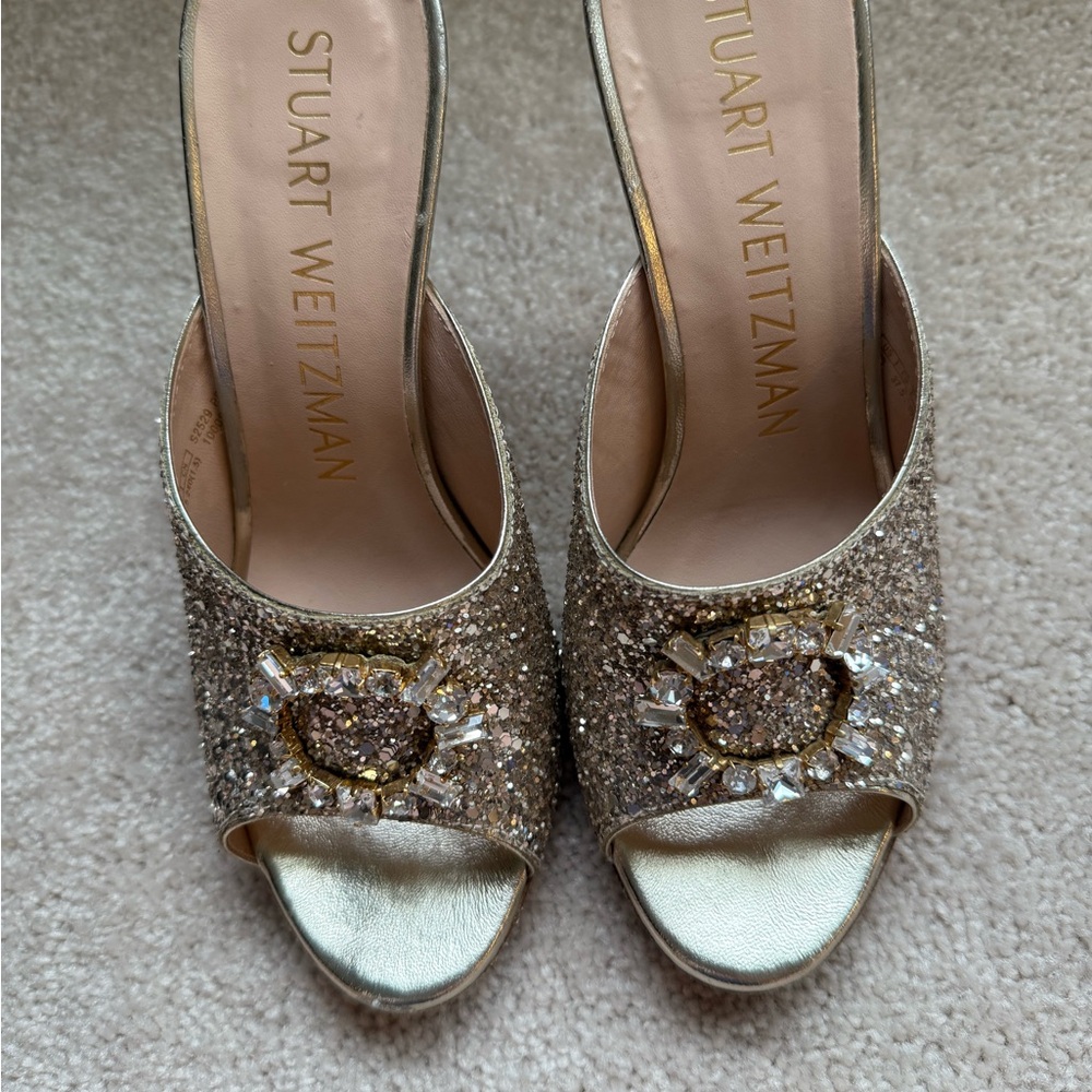 Stuart Weitzman Gold Heels with Crystal Embellishment